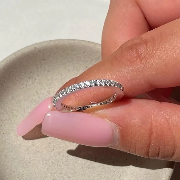 Small Cubic Zirconia Eternity Band 925 Sterling Silver Ring - Picture 3 of 3